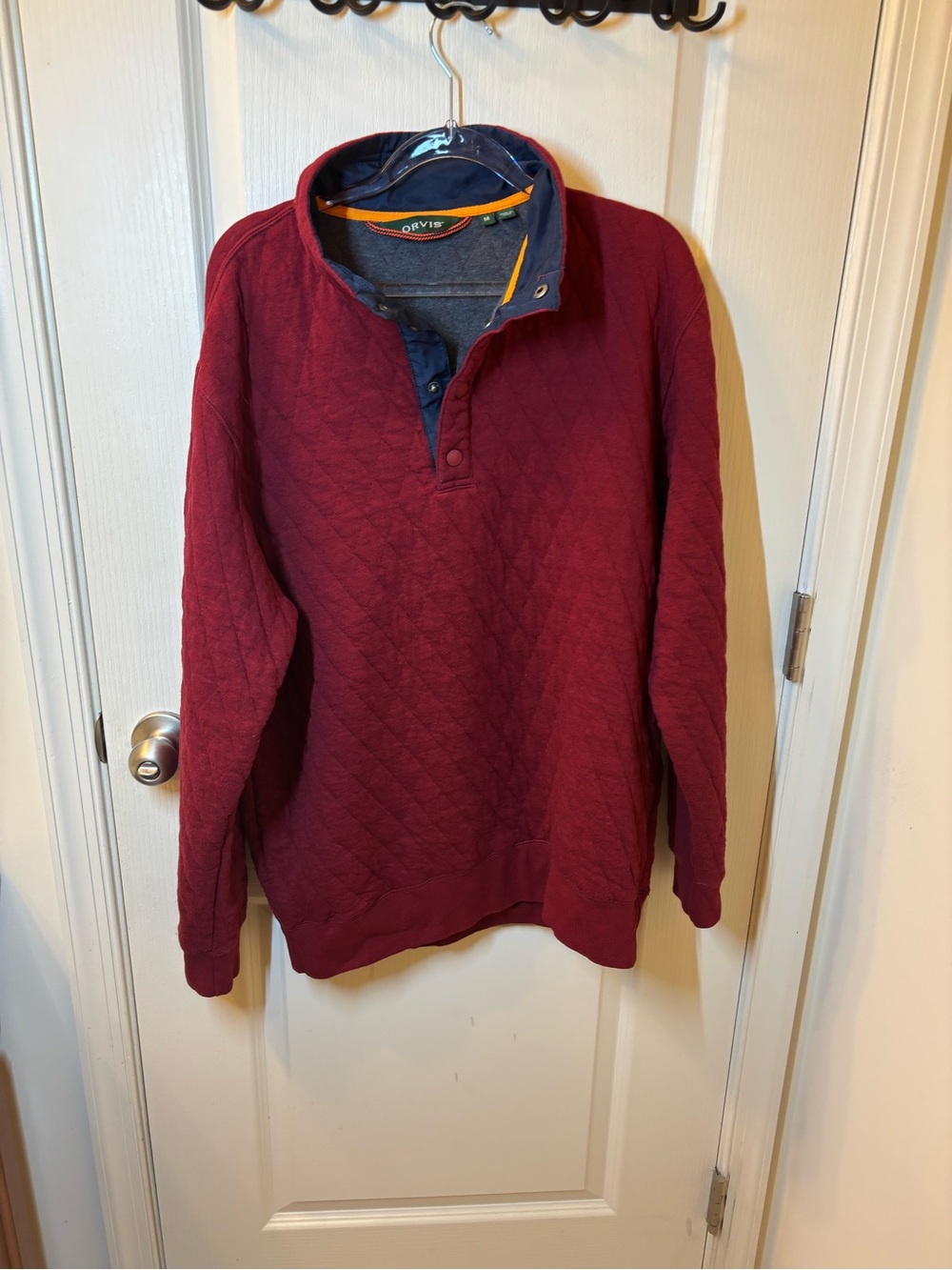 Orvis Men’s Medium Quilted Snap Pullover Burgundy Navy Mock Neck Sweatshirt